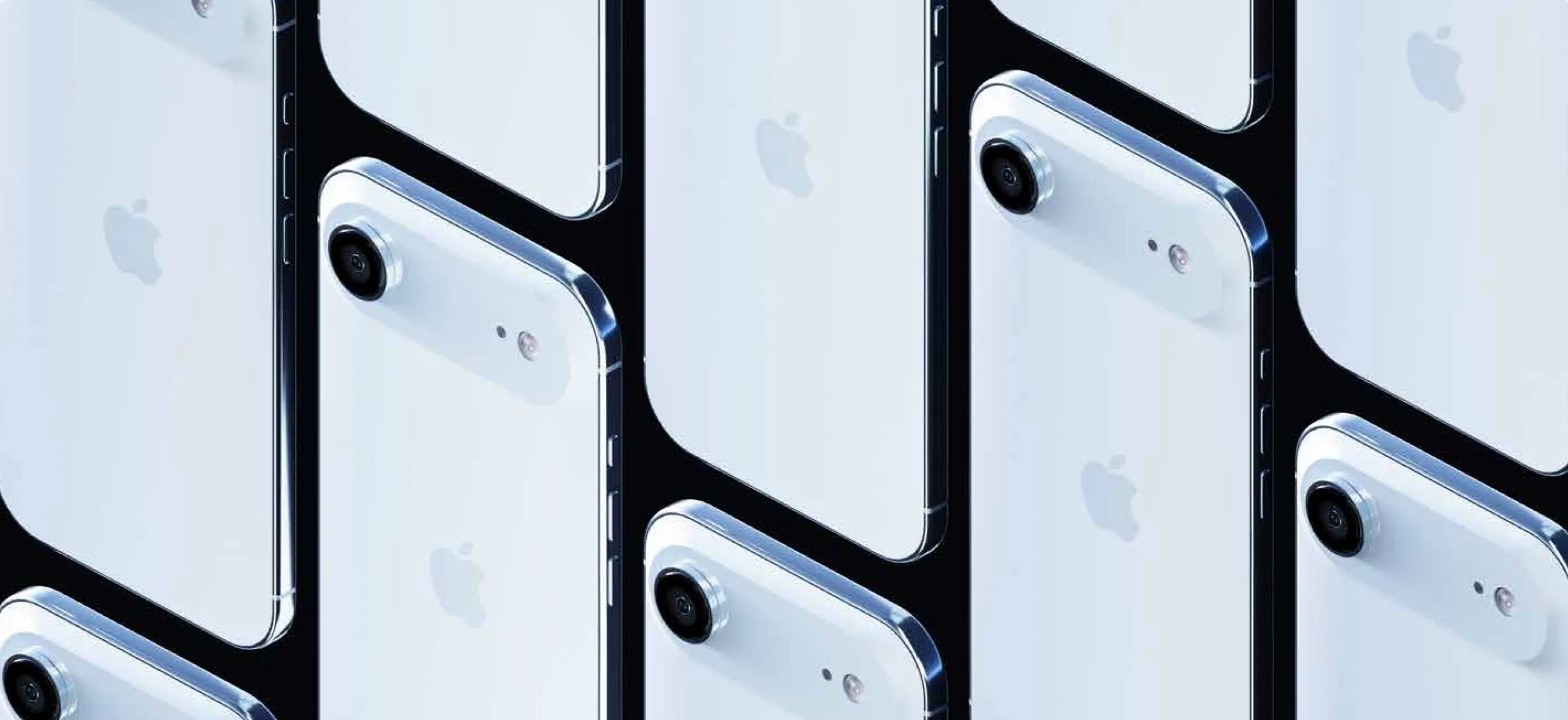 Filas de iPhones en tonos claros alineados en diagonal